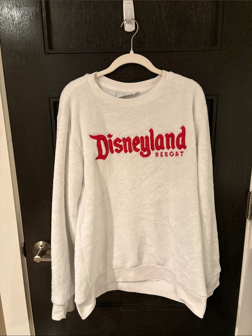 Disneyland Resort White Sherpa Fleece Sweatshirt Red Embroidered Logo Crewneck